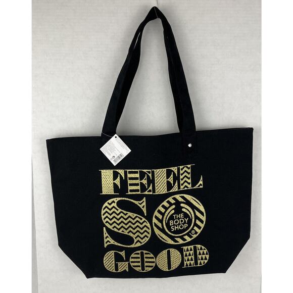 Body Shop Black Canvas Tote Bag Gold Glitter Words 18.5x13 inch Magnet Close - Picture 1 of 8